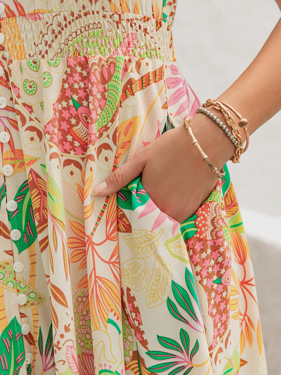 🌼 Printed V-Neck Short Sleeve Midi Dress 🌼