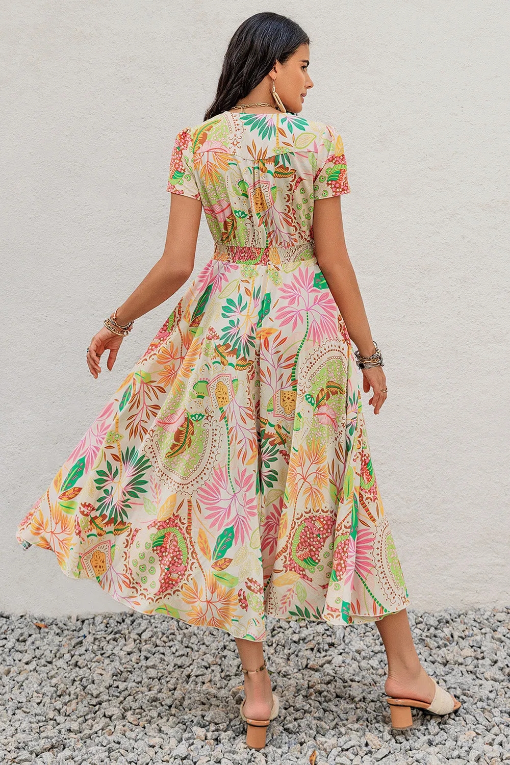 🌼 Printed V-Neck Short Sleeve Midi Dress 🌼