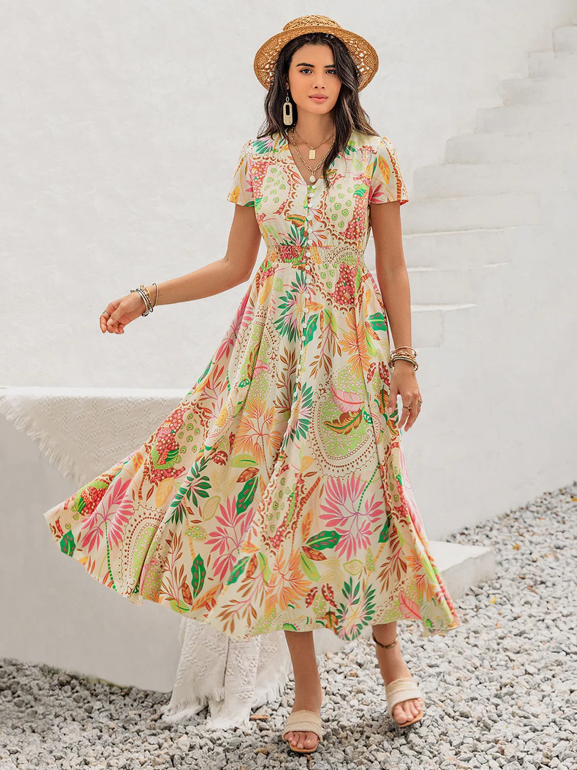 🌼 Printed V-Neck Short Sleeve Midi Dress 🌼