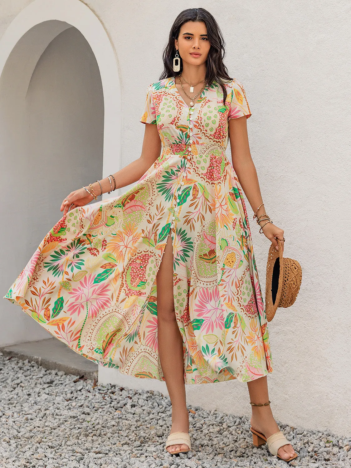 🌼 Printed V-Neck Short Sleeve Midi Dress 🌼