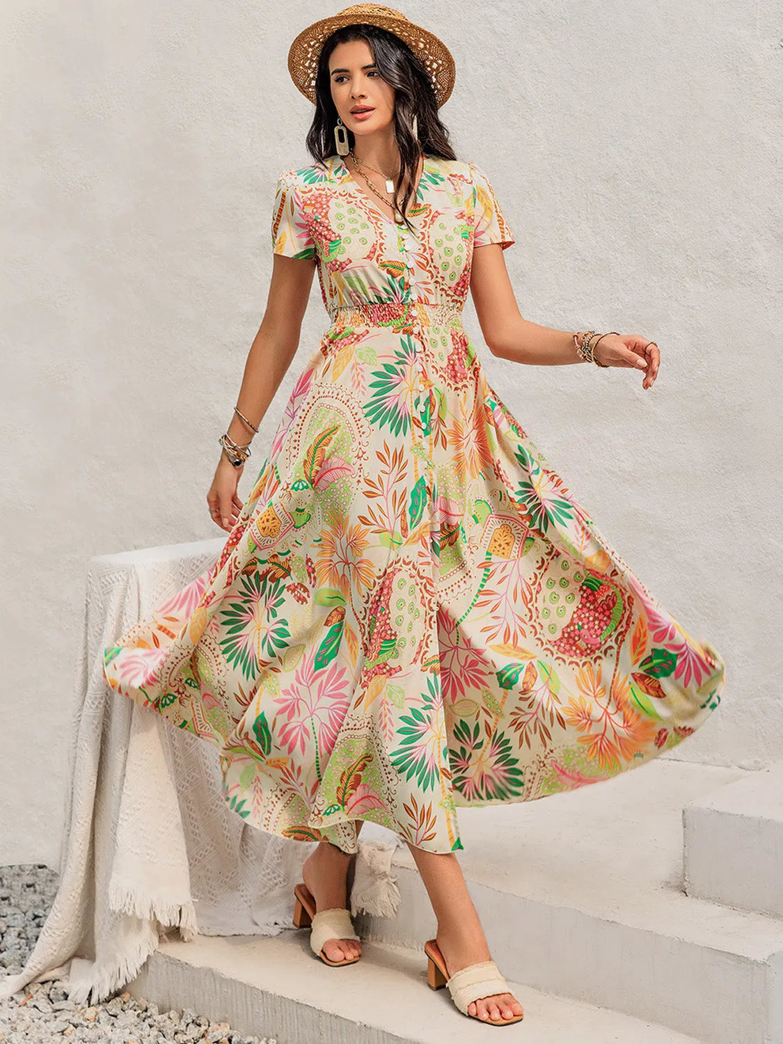 🌼 Printed V-Neck Short Sleeve Midi Dress 🌼