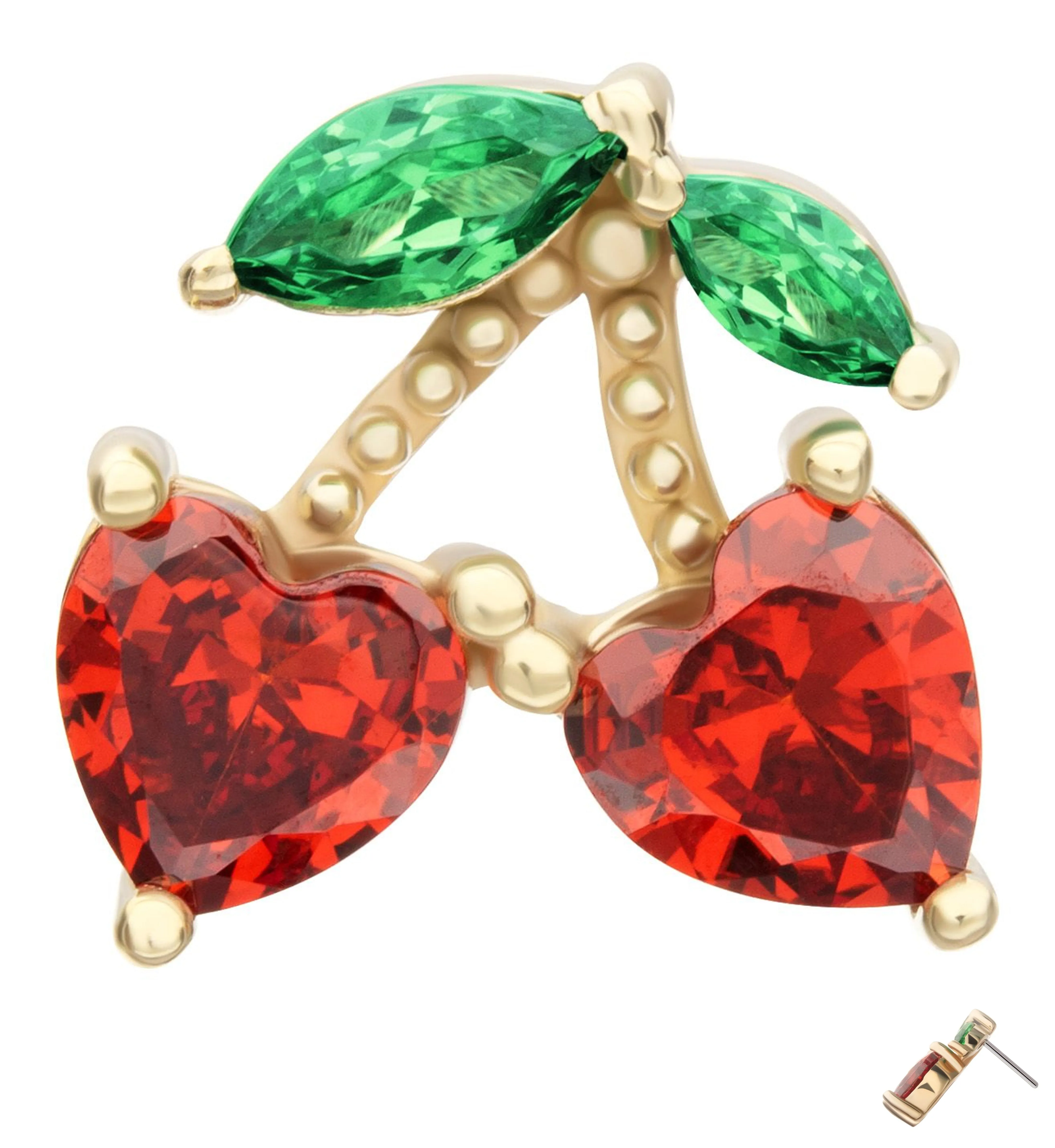 14kt Gold Cherry Hearts Red CZ Threadless Top