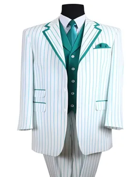 35 Inch White/Turquoise Seersucker Summer Pattern Vested 3 ~ Three Piece Tuxedo Pinstripe Striped Prom ~ Wedding Groomsmen Three Button Zoot Suit - Pimp Suit - Zuit Suit