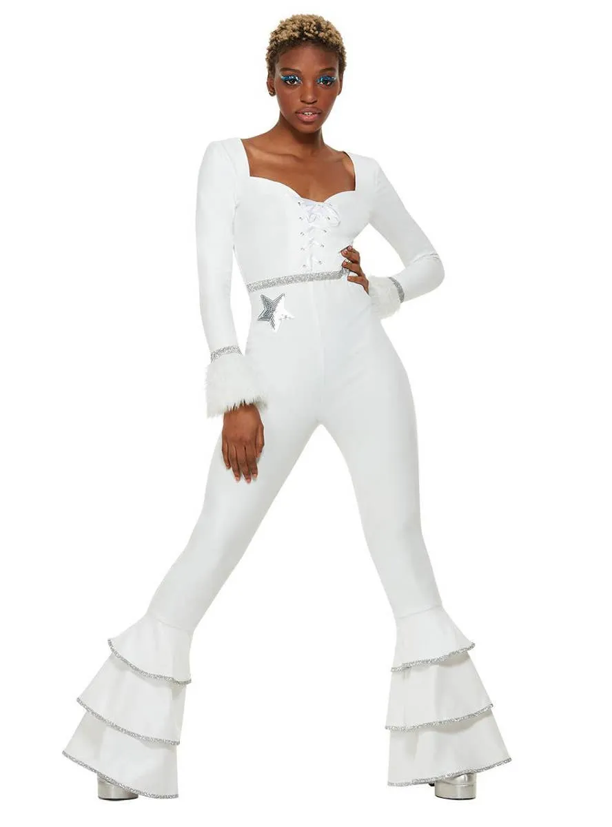 70s Glam Womens White Flare Jumpsuit Costume