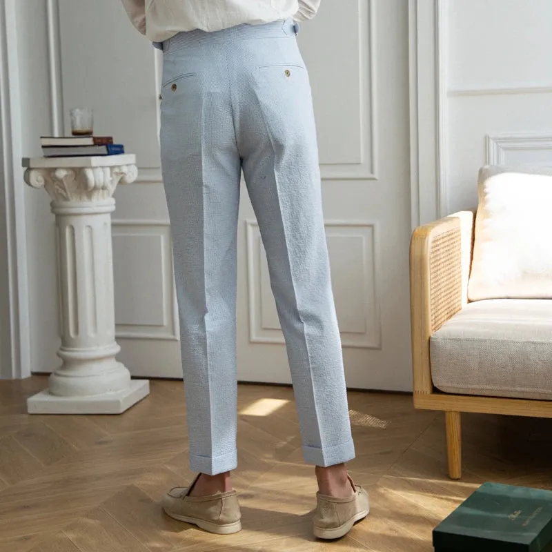 Aidase 2024 Spring Seersucker High Waist Straight Pants British Petty Bourgeoisie Blue Stripe Italian Casual Trousers Men