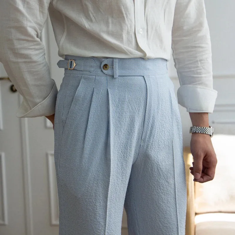 Aidase 2024 Spring Seersucker High Waist Straight Pants British Petty Bourgeoisie Blue Stripe Italian Casual Trousers Men