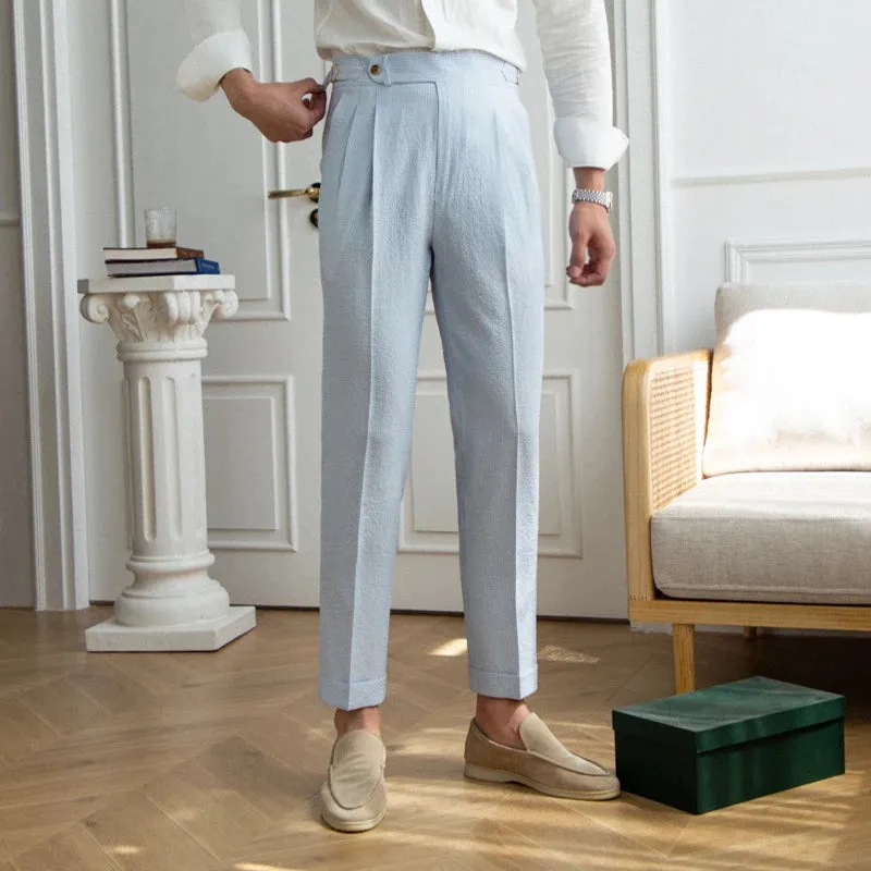 Aidase 2024 Spring Seersucker High Waist Straight Pants British Petty Bourgeoisie Blue Stripe Italian Casual Trousers Men