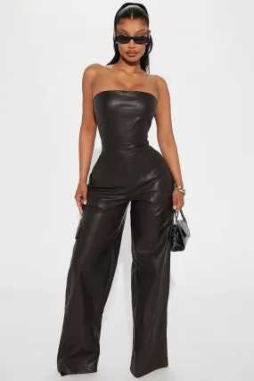 All The Beauty Faux Leather Jumpsuit - Brown