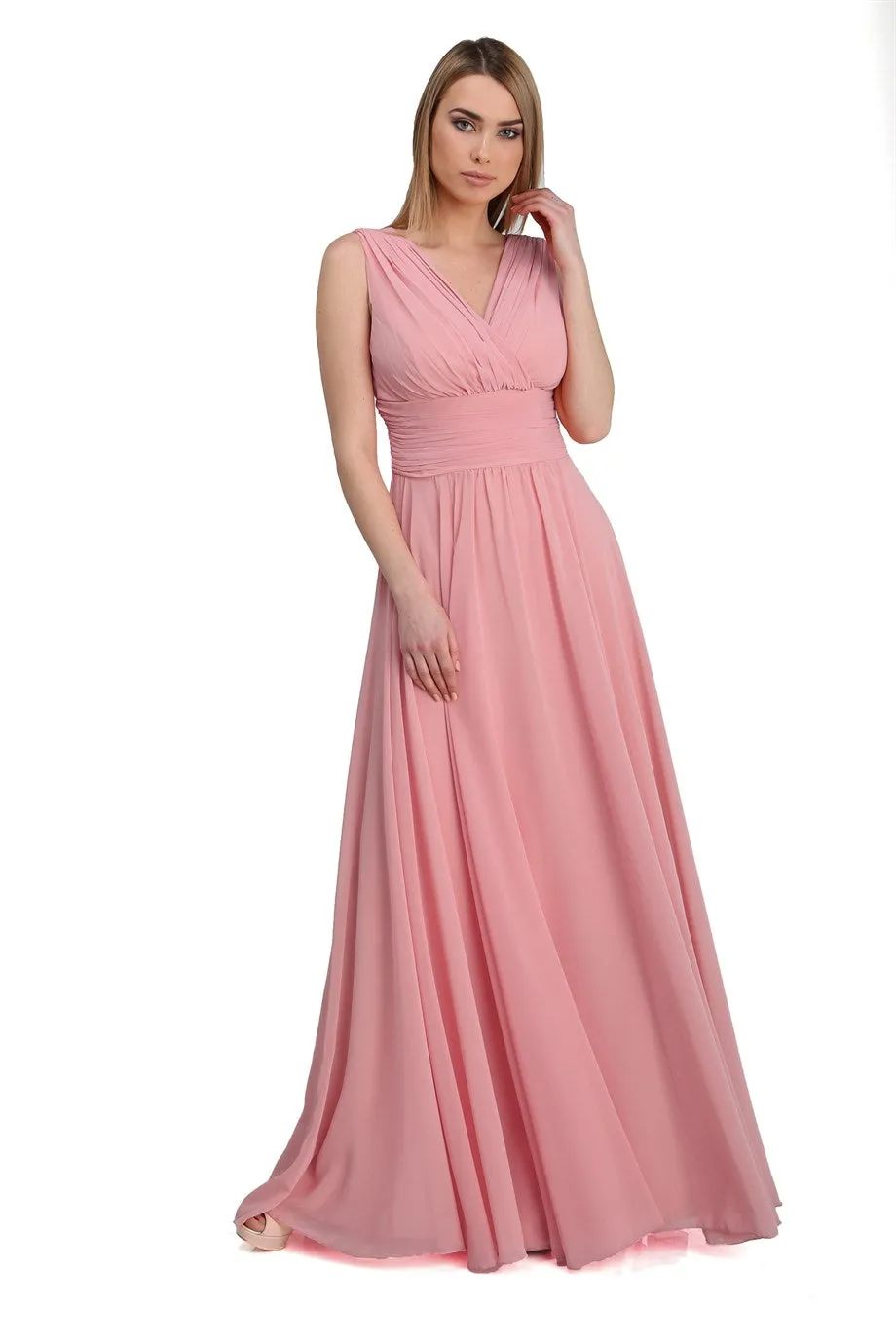 Angelino powder chiffon v neck long evening dress dress