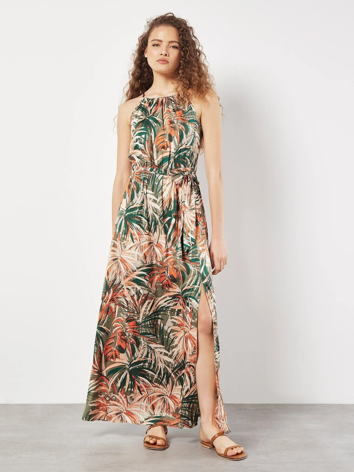 APRICOT - Painterly Tropical Satin H/Nk Midi Dress - 842922 - FINAL SALE