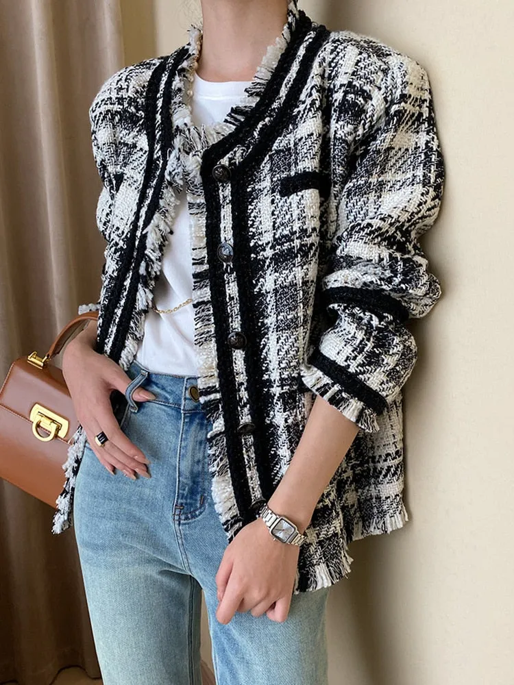 Autumn Spliced Tassel Houndstooth Coats For Women Round Neck Long Sleeve Single Breasted Woven Tweed Coat Female