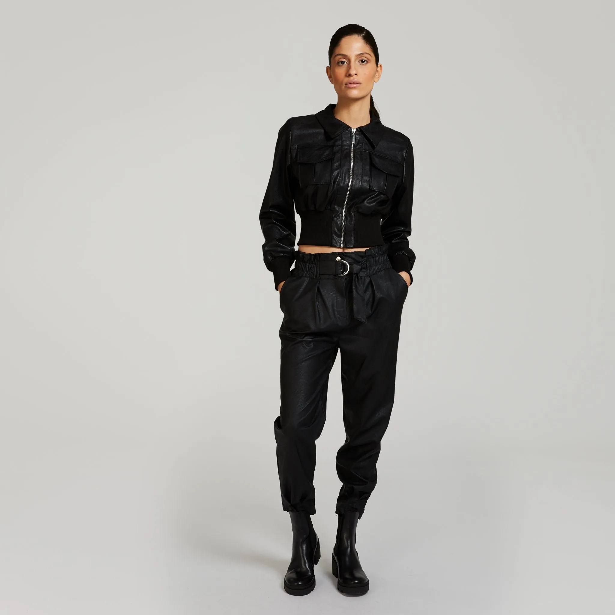 Belted vegan leather pants