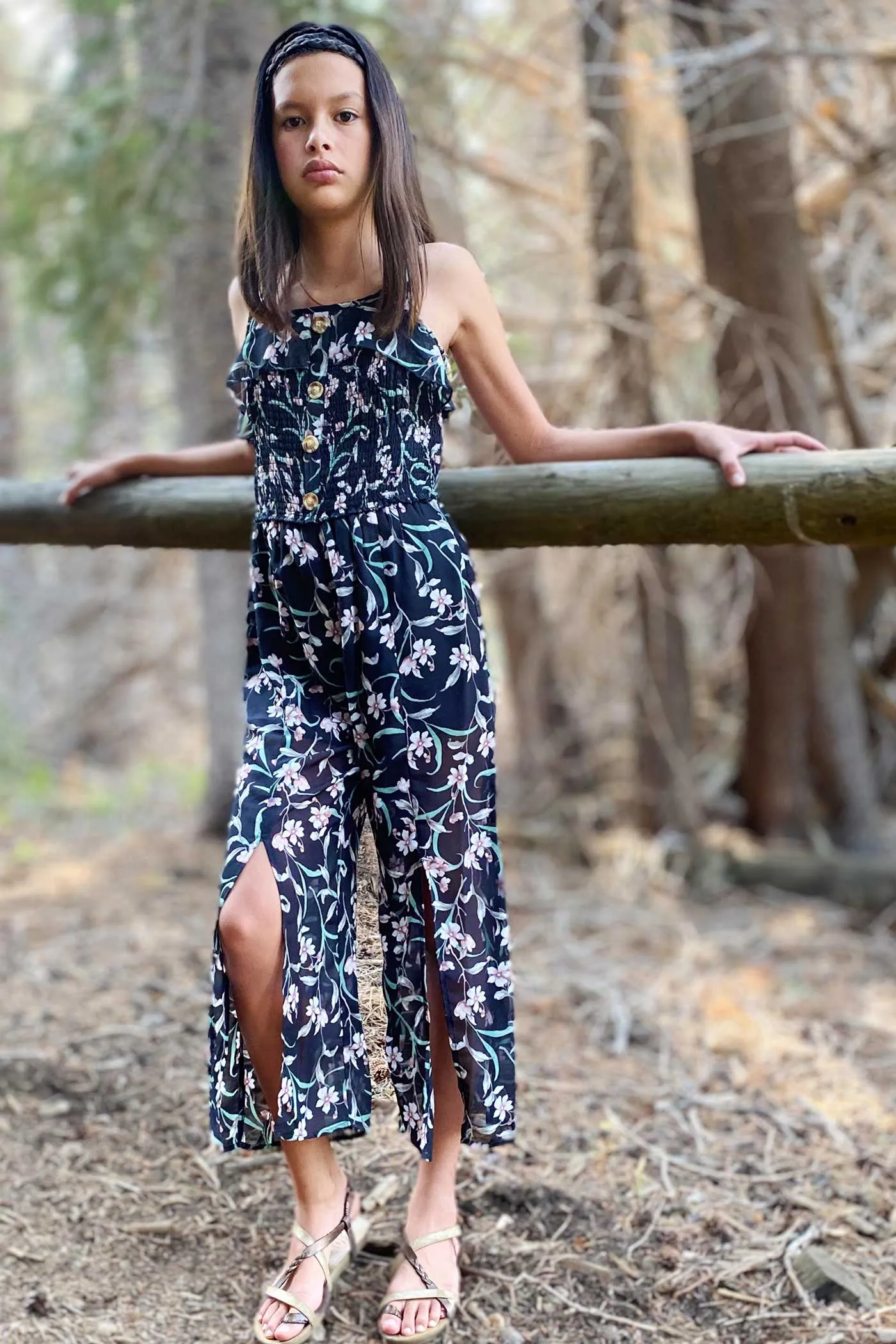 Big Girls Floral Print Chiffon Jumpsuit with Front Slits