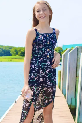 Big Girls Floral Print Chiffon Jumpsuit with Front Slits