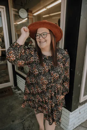 Black Floral Long Sleeve Dress-Plus