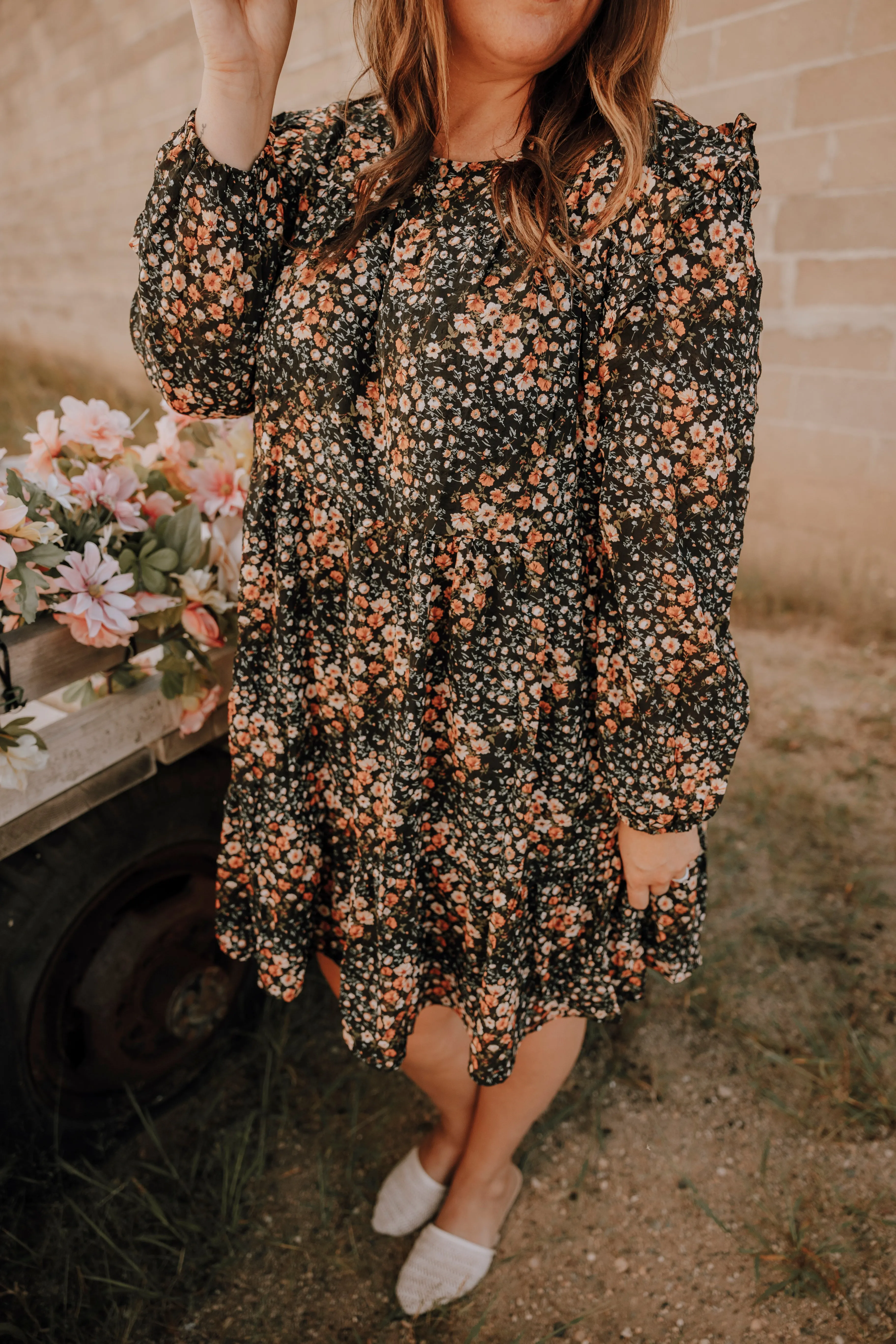 Black Floral Long Sleeve Dress-Plus