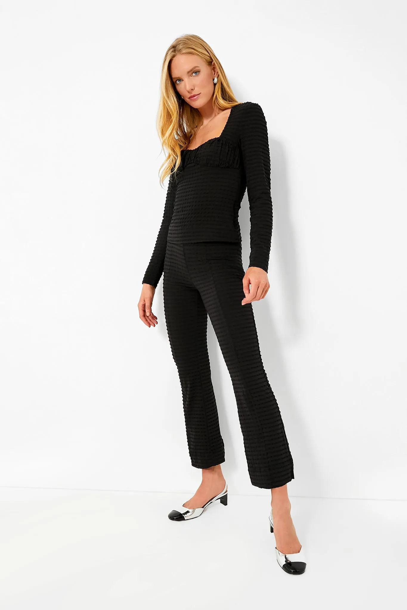 Black Stretch Seersucker Cropped Pants