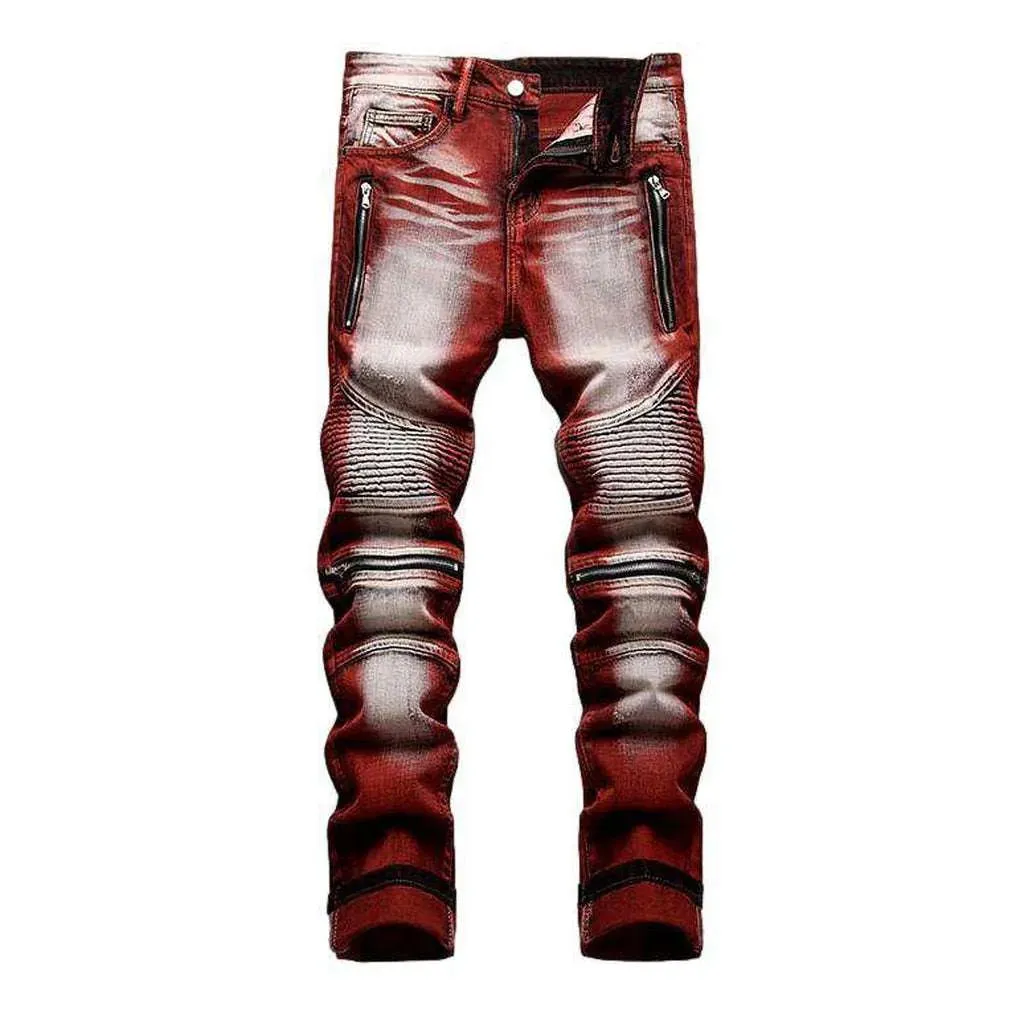 Bleach wash color biker jeans