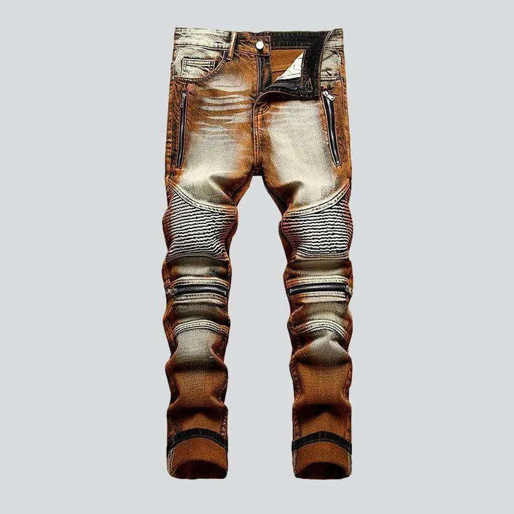 Bleach wash color biker jeans