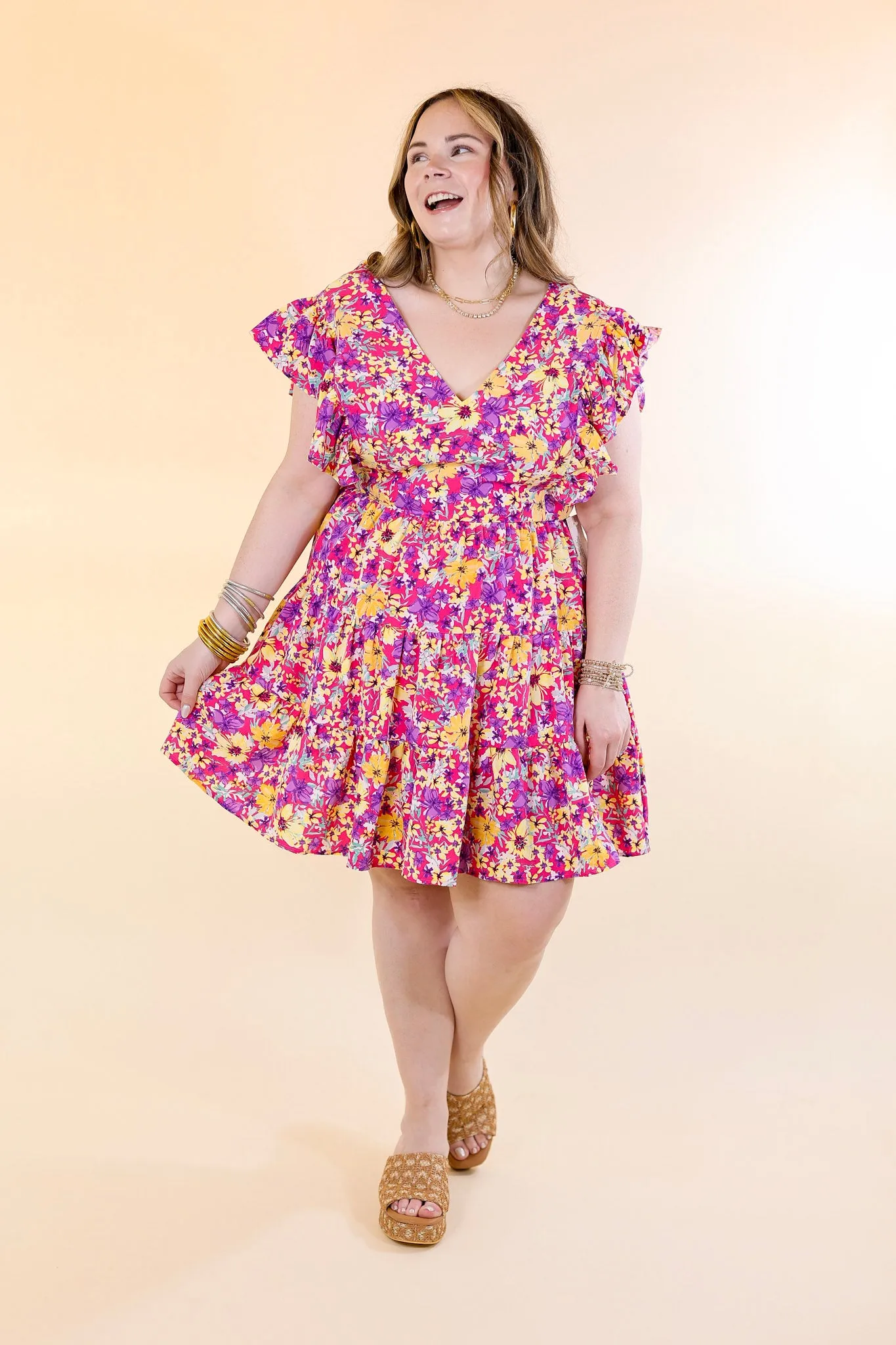 Blooming Beauty Floral V Neck Dress with Ruffle Cap Sleeves in Pink