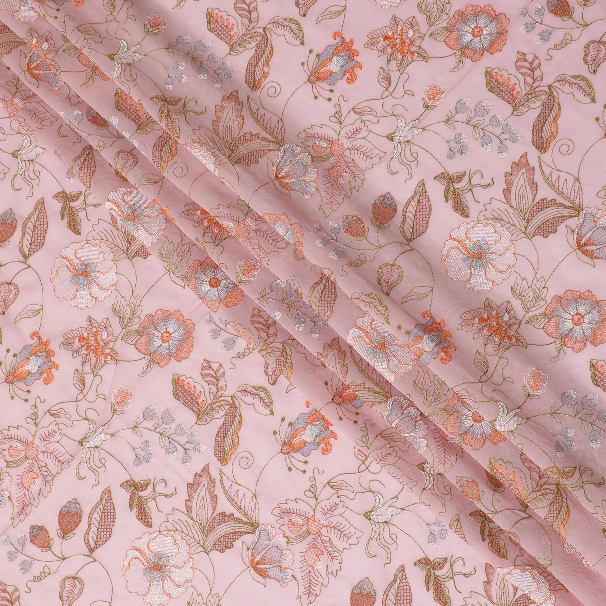 Blush Blossom Embroidered Cotton Voile Fabric - 110cm Width-D17562