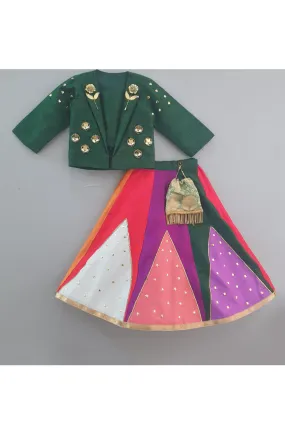 Bottle green crop coat with multi color lehenga