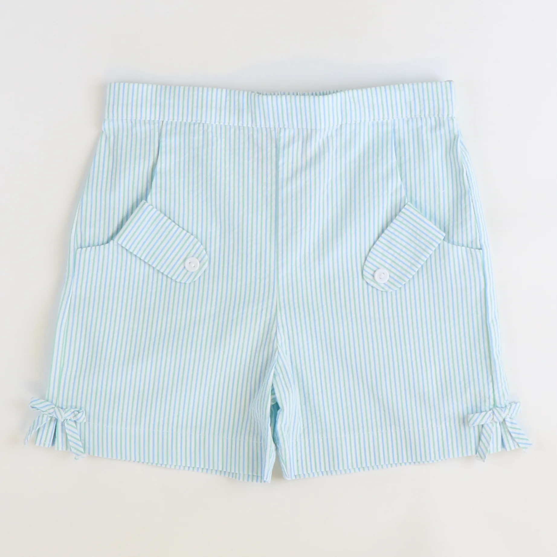 Bow Shorts - Light Blue & Mint Stripe Seersucker