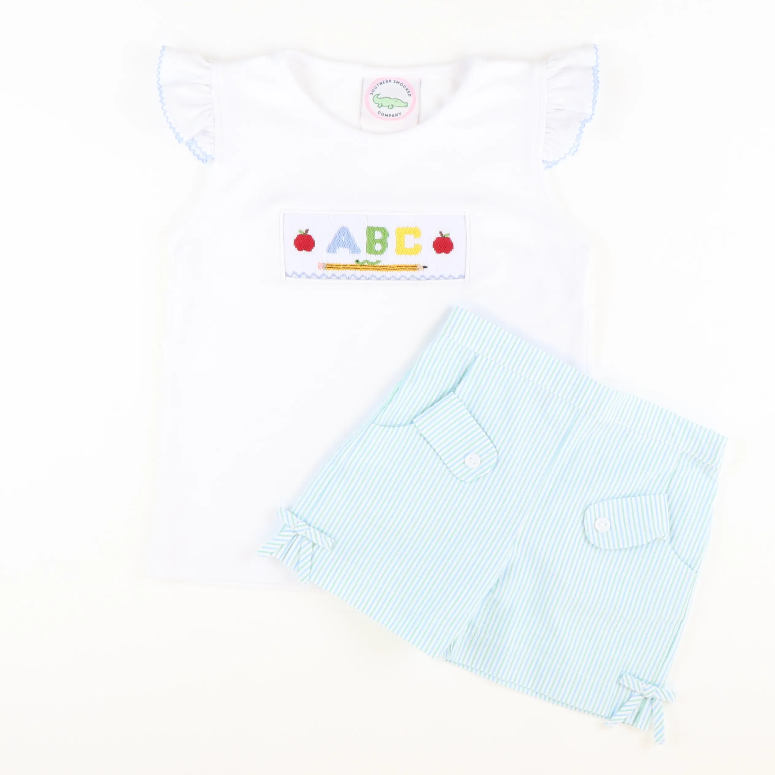 Bow Shorts - Light Blue & Mint Stripe Seersucker