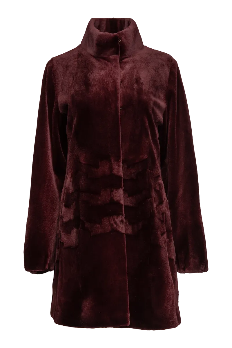 Burgundy Sheared Patterned Mid-Length Mink Fur Coat