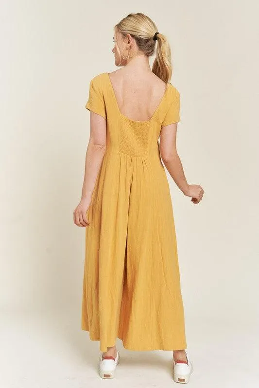 Button Down Short Sleeve Linen Jumpsuit