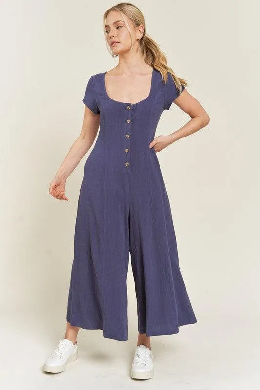 Button Down Short Sleeve Linen Jumpsuit