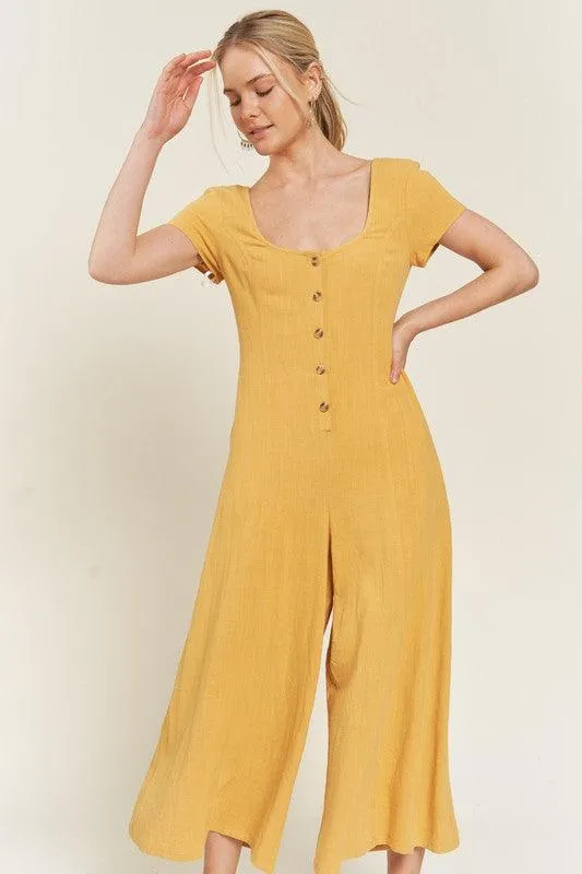 Button Down Short Sleeve Linen Jumpsuit