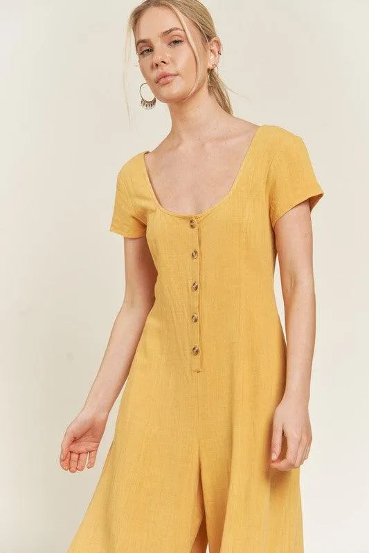 Button Down Short Sleeve Linen Jumpsuit