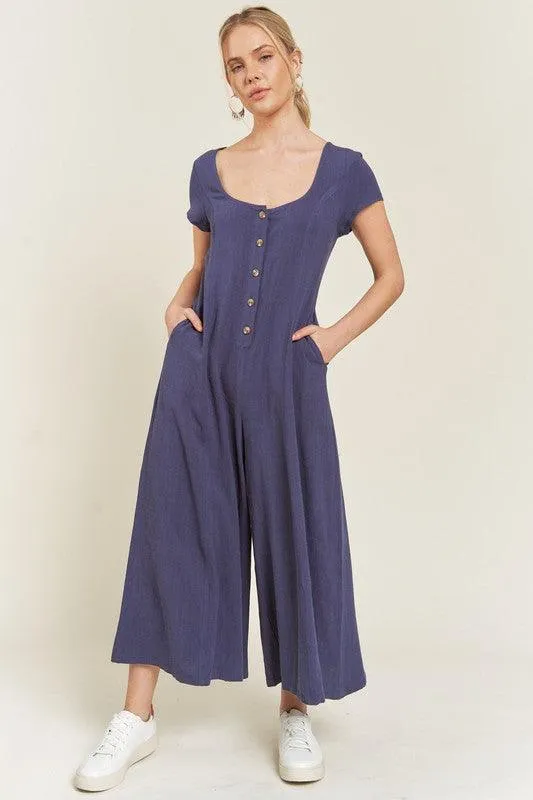 Button Down Short Sleeve Linen Jumpsuit