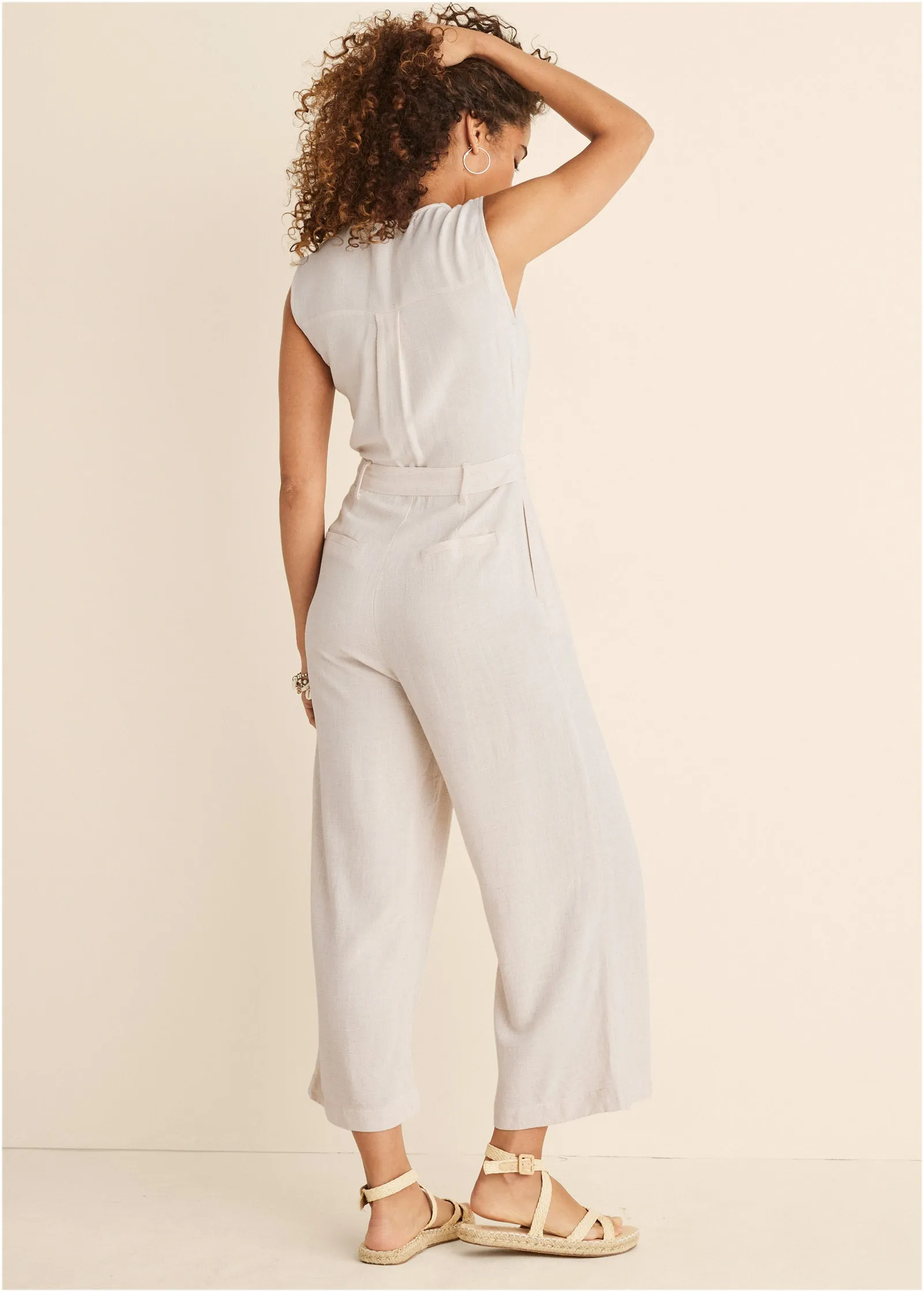 Button Front Linen Jumpsuit - Beige