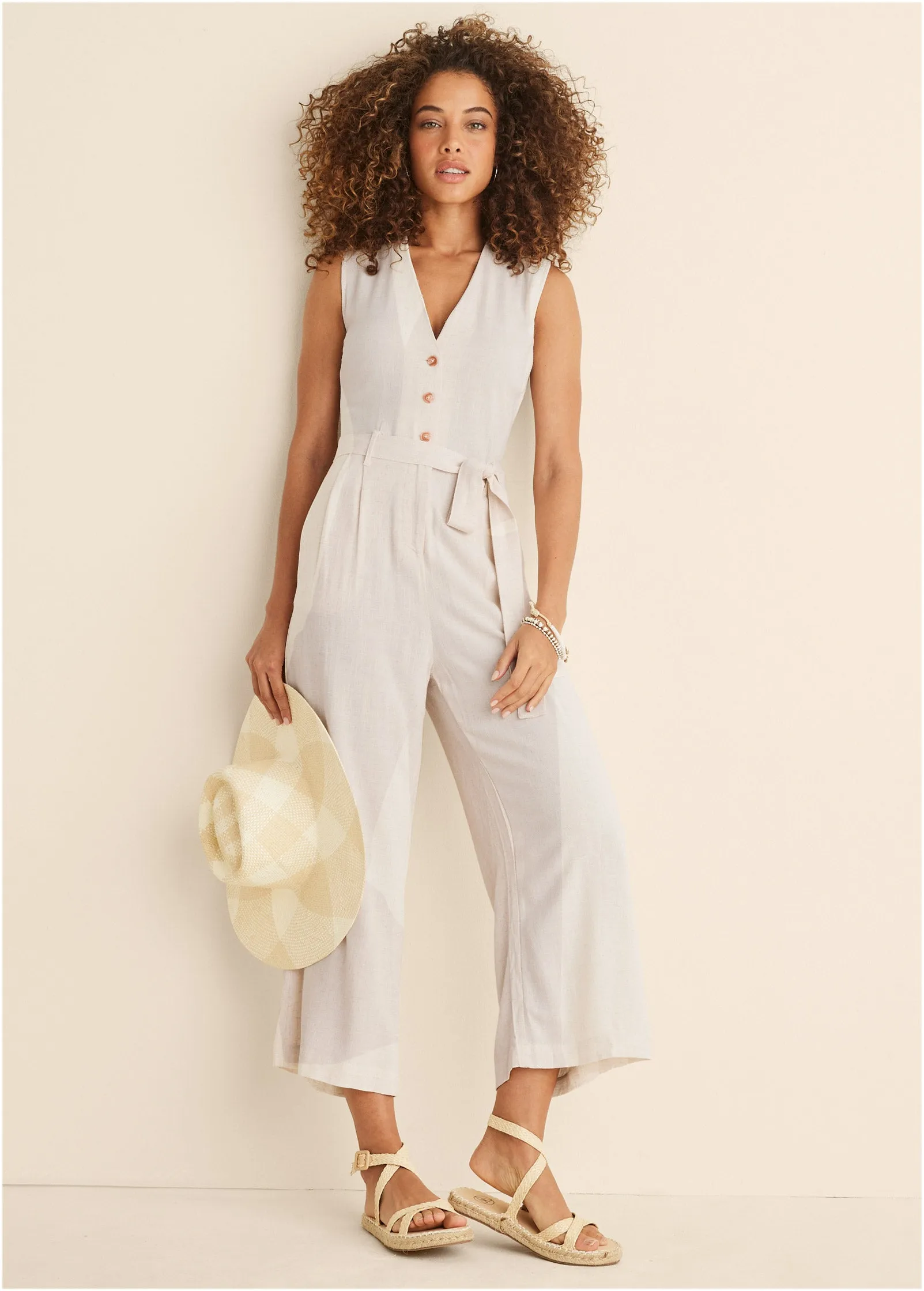 Button Front Linen Jumpsuit - Beige