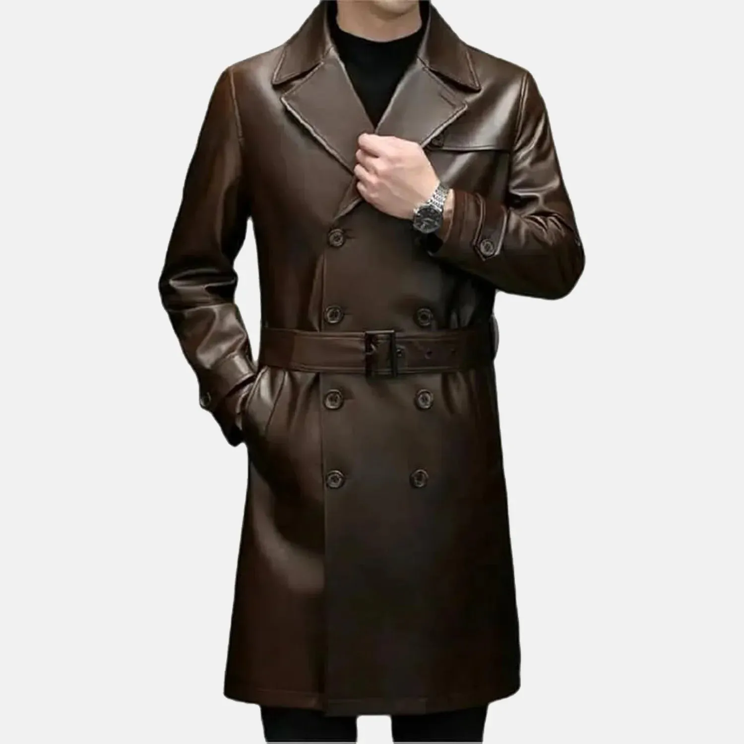 Cade Mens Brown Sheepskin Leather Duster Coat