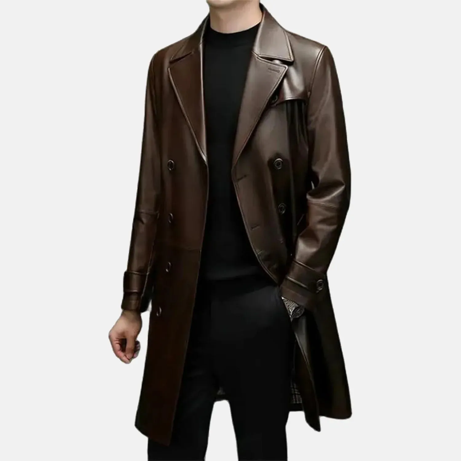 Cade Mens Brown Sheepskin Leather Duster Coat