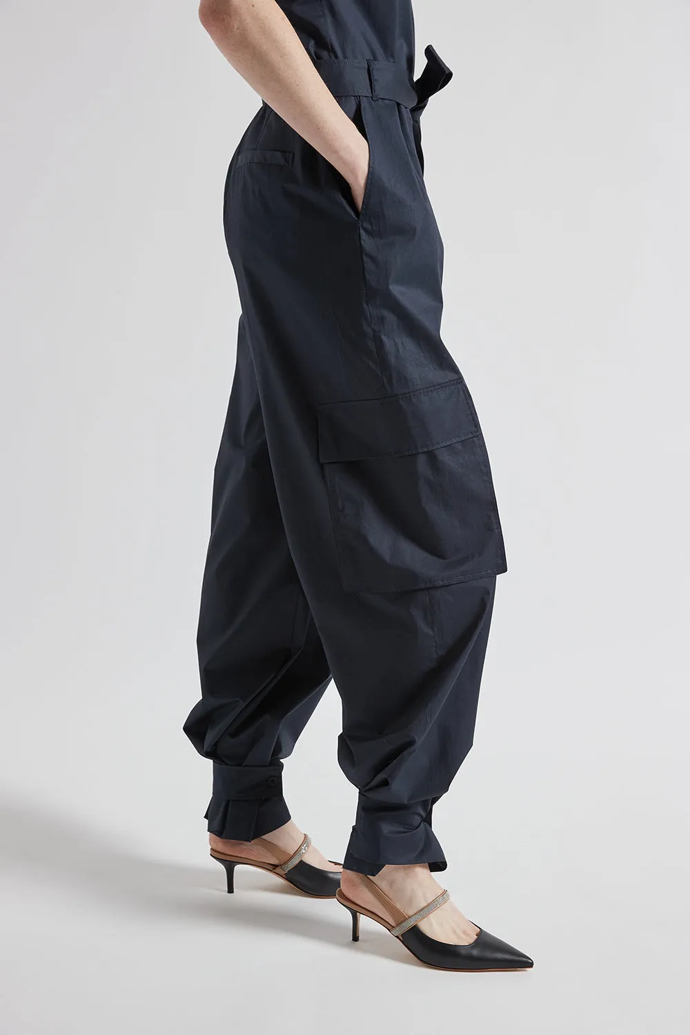 Cargo jumpsuit with twisted cotton shoulder straps