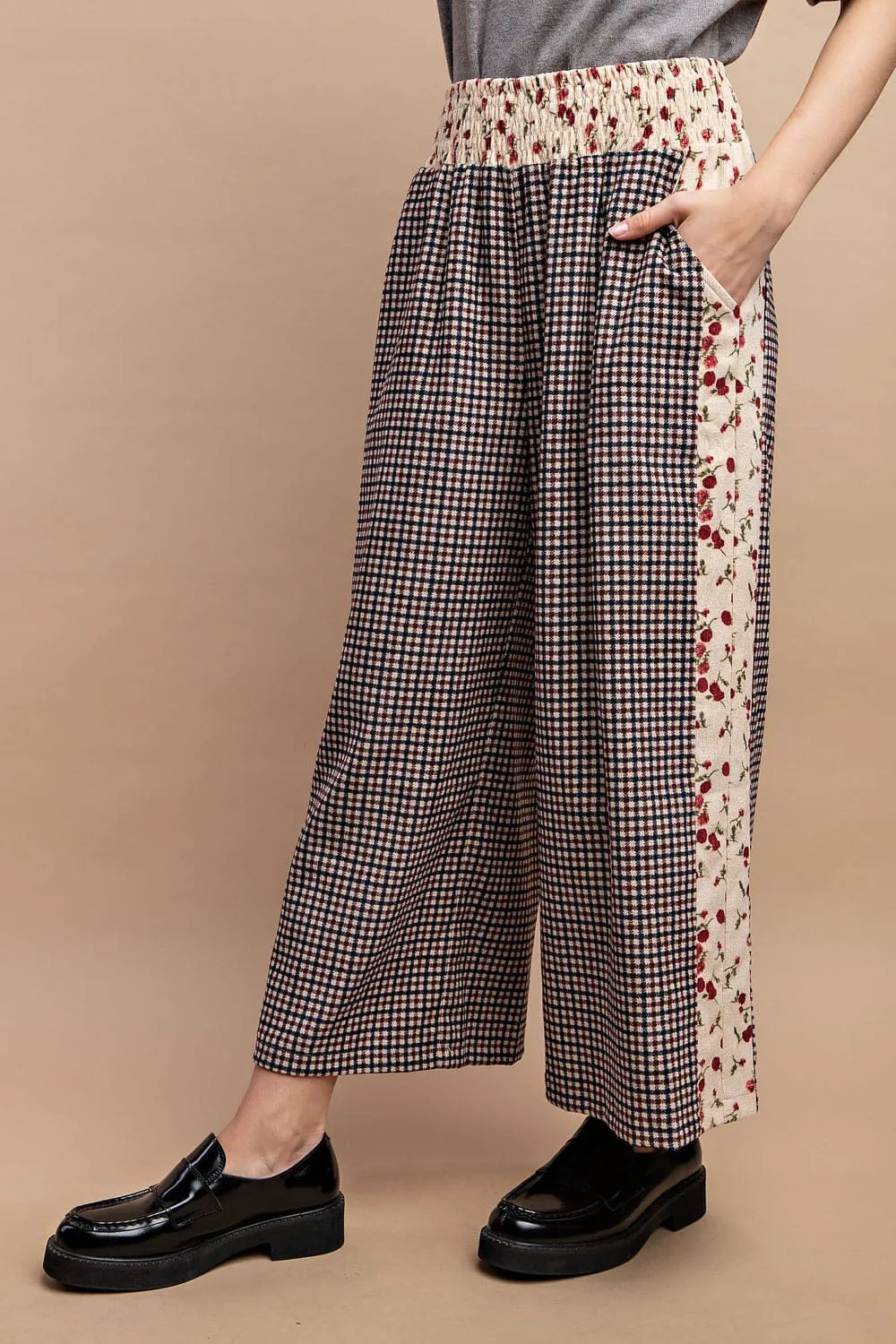 CHECKED MIX PRINTED ELASTIC WAIST WIDE PANTS WITH SIDE POCKETS