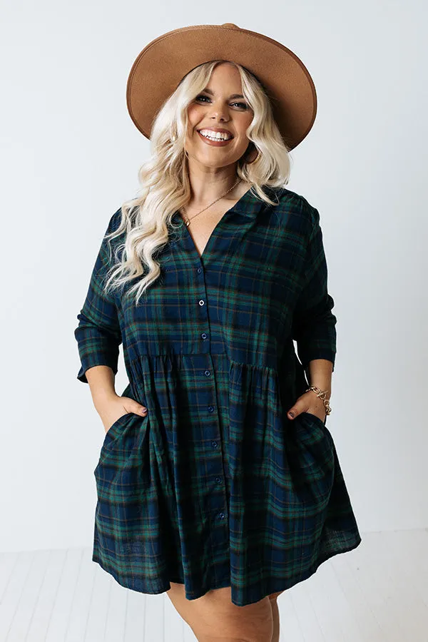 Cheery Mood Plaid Tunic Dress In Green Curves