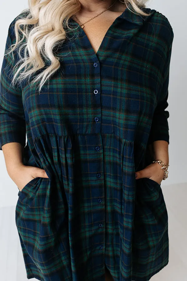 Cheery Mood Plaid Tunic Dress In Green Curves