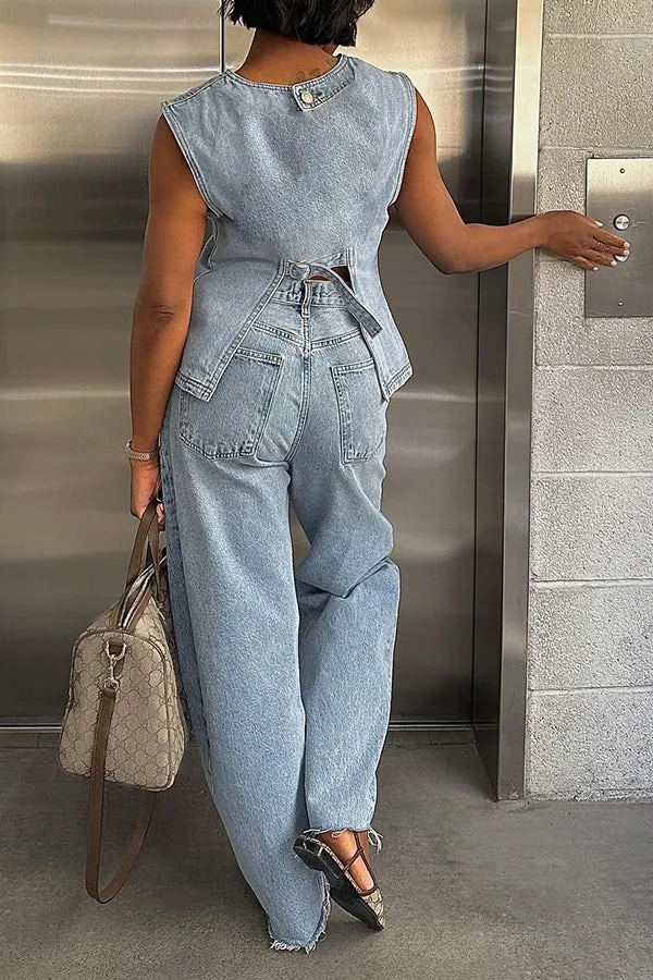 Chic Back Detail Denim Vest & Pants Set