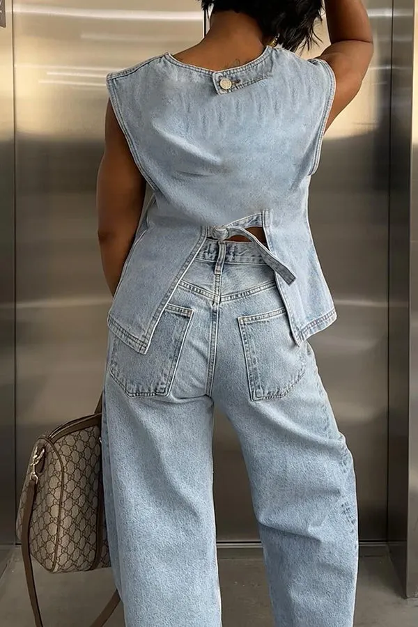 Chic Back Detail Denim Vest & Pants Set