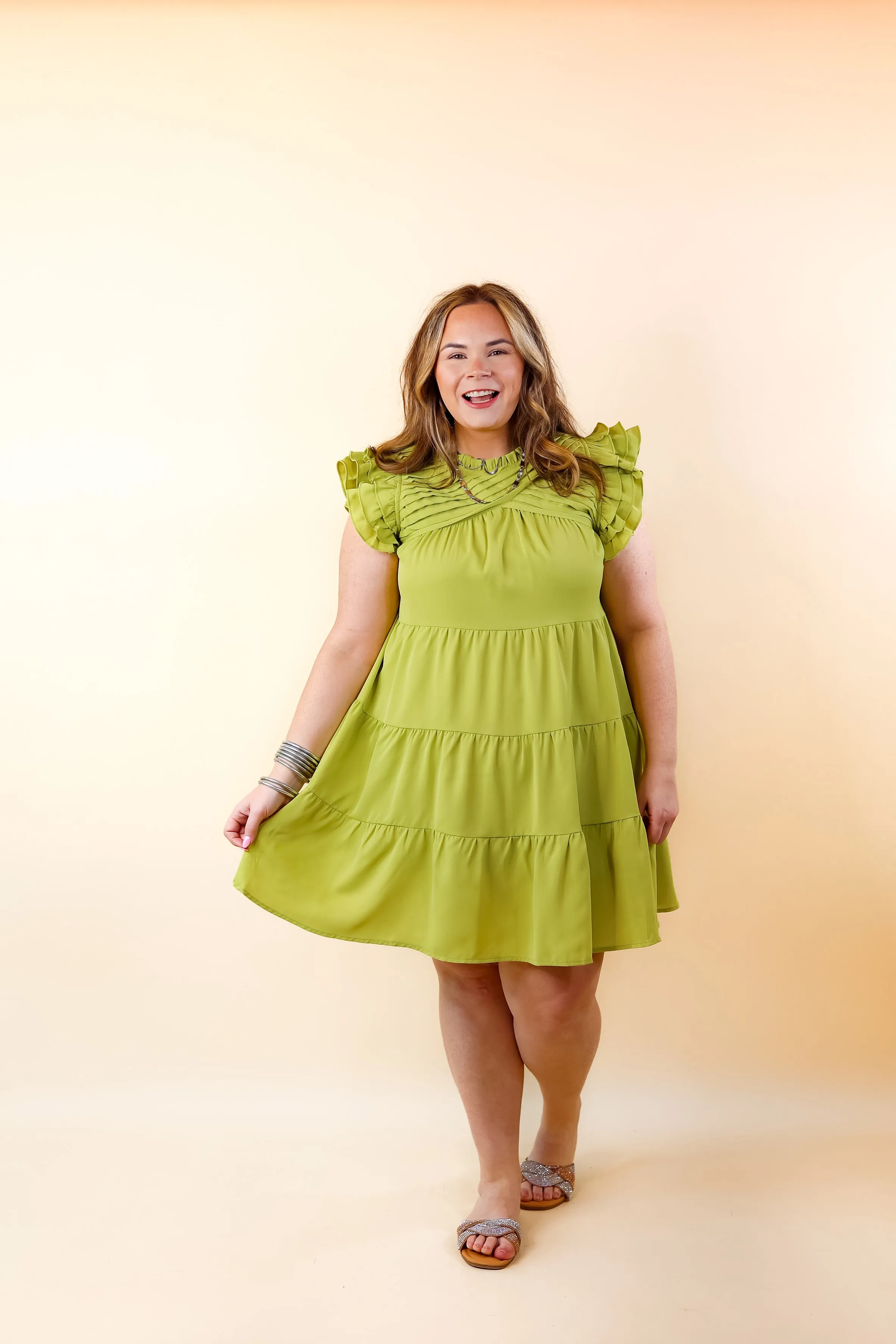 Chic On Scene Ruffle Tiered Dress with Pleated Detailing in Pistachio Green