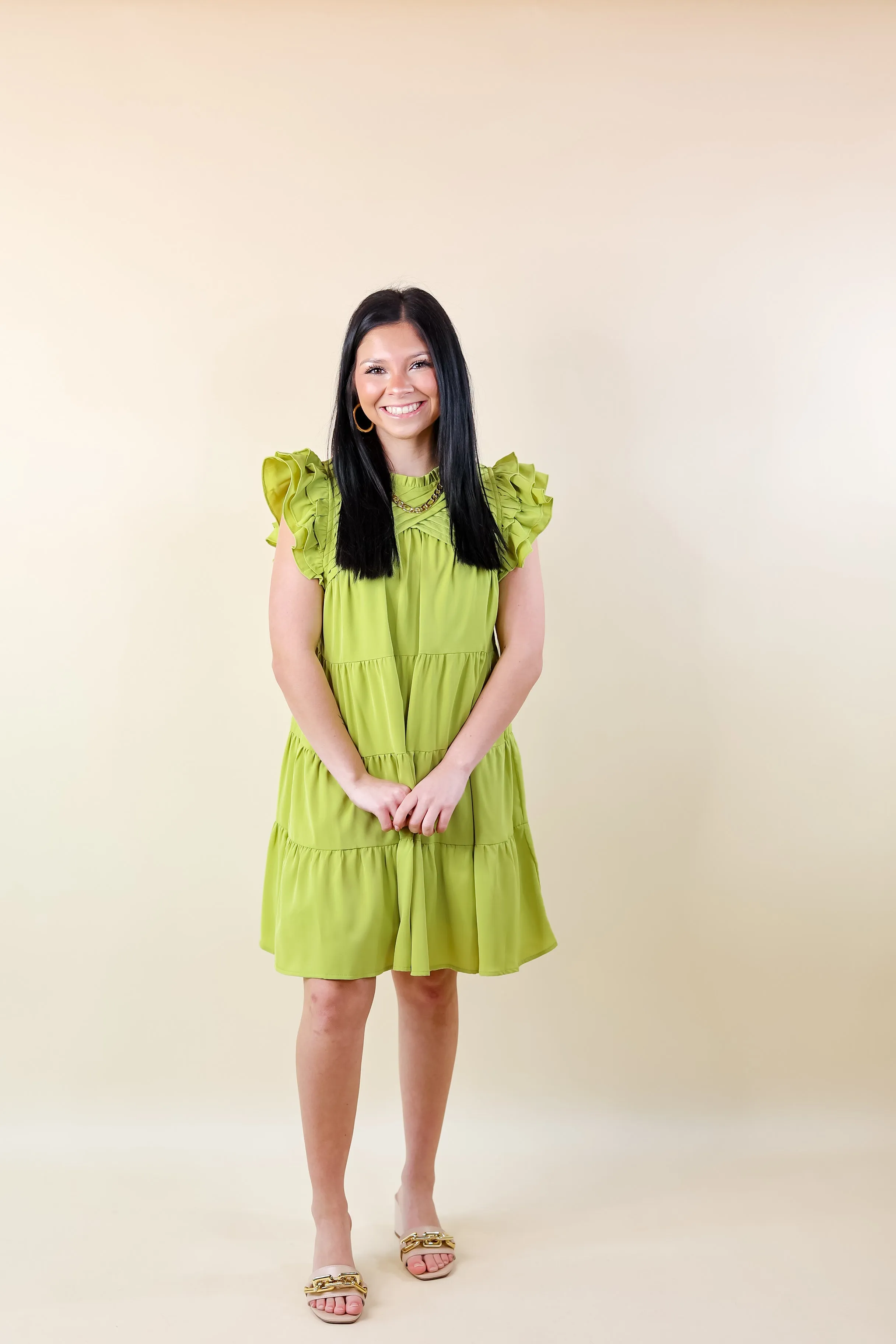 Chic On Scene Ruffle Tiered Dress with Pleated Detailing in Pistachio Green