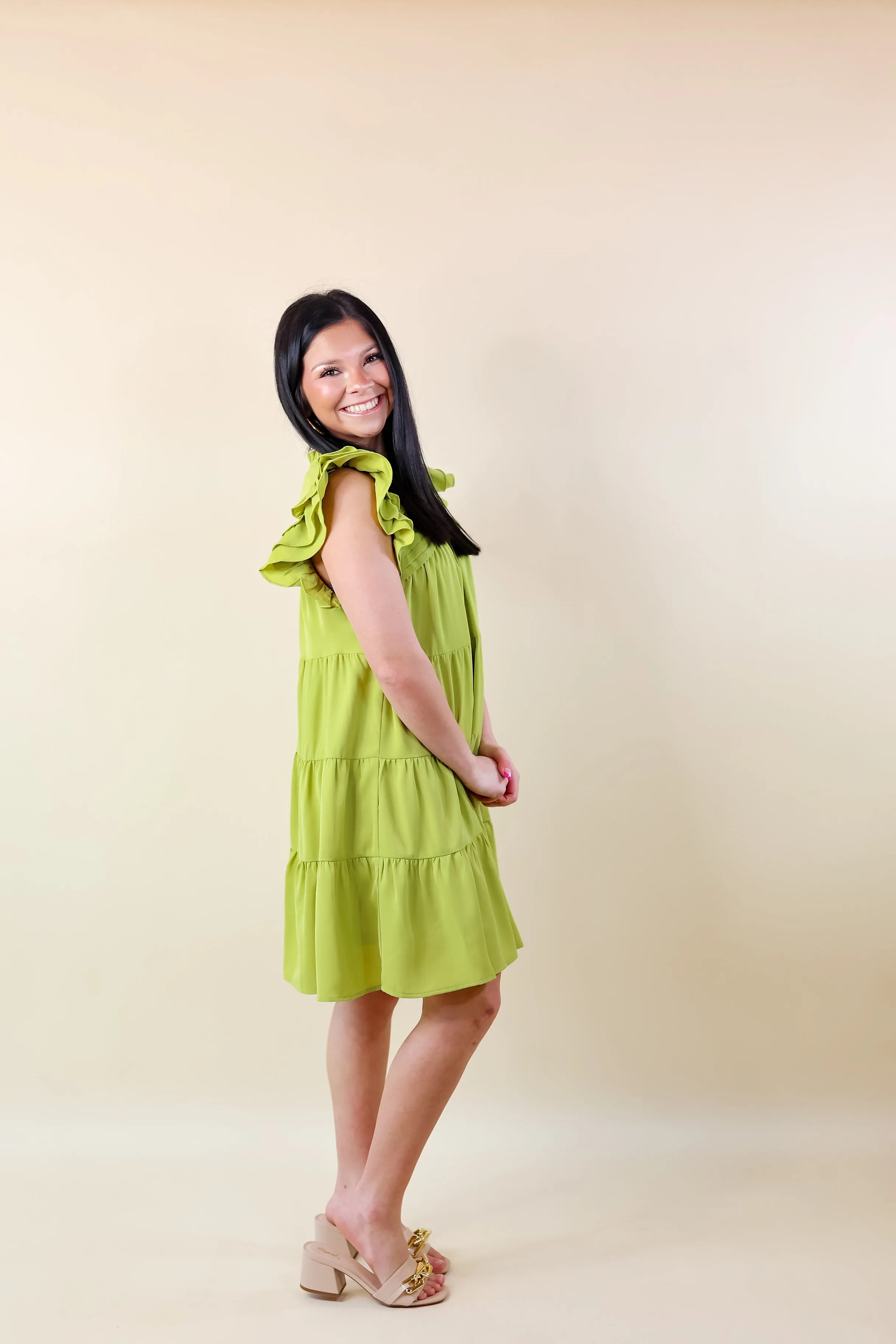 Chic On Scene Ruffle Tiered Dress with Pleated Detailing in Pistachio Green