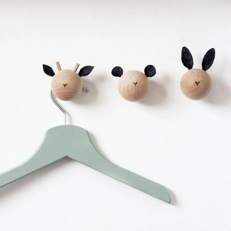 Children&#39;s Room Decoration Wooden Coat Hook Cartoon Animal Head Wall Hooks Kindergarten Baby Newborn Gift Deer/bear/rabbit