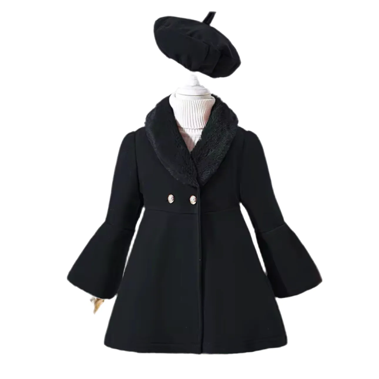 Children’s Fur Collared Coat with Beret Hat