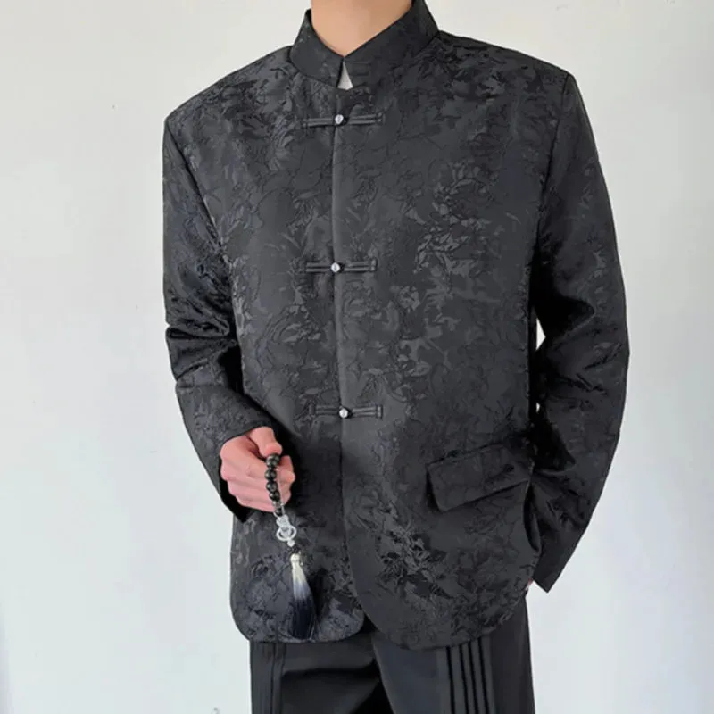 Chinese Style Men's Blazer Jacquard Dark Flower Pearl Plate Buckle Suit Coat Male Fashion Spring Stand Collar 5125